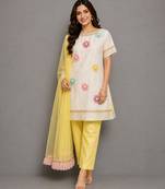 Off white yellow embroidered cotton silk organza kurti set