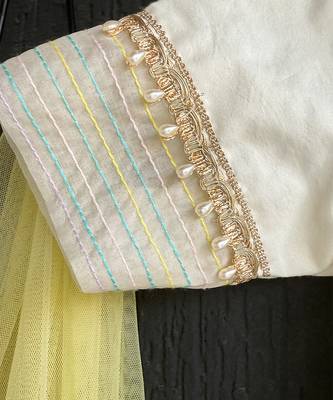 Off white yellow embroidered cotton silk organza kurti set 2