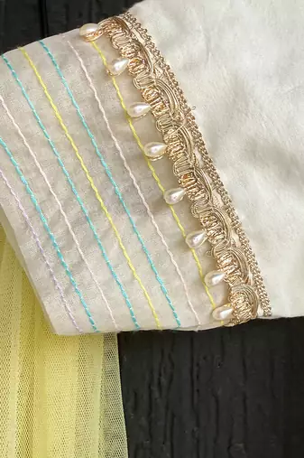 Off white yellow embroidered cotton silk organza kurti set