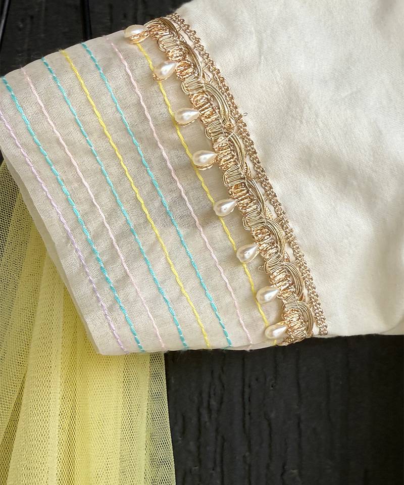 Off white yellow embroidered cotton silk organza kurti set