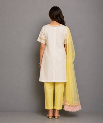 Off white yellow embroidered cotton silk organza kurti set 3