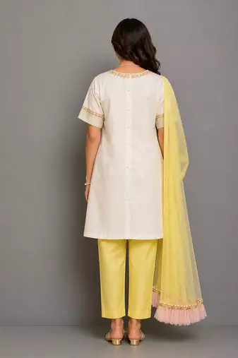 Off white yellow embroidered cotton silk organza kurti set
