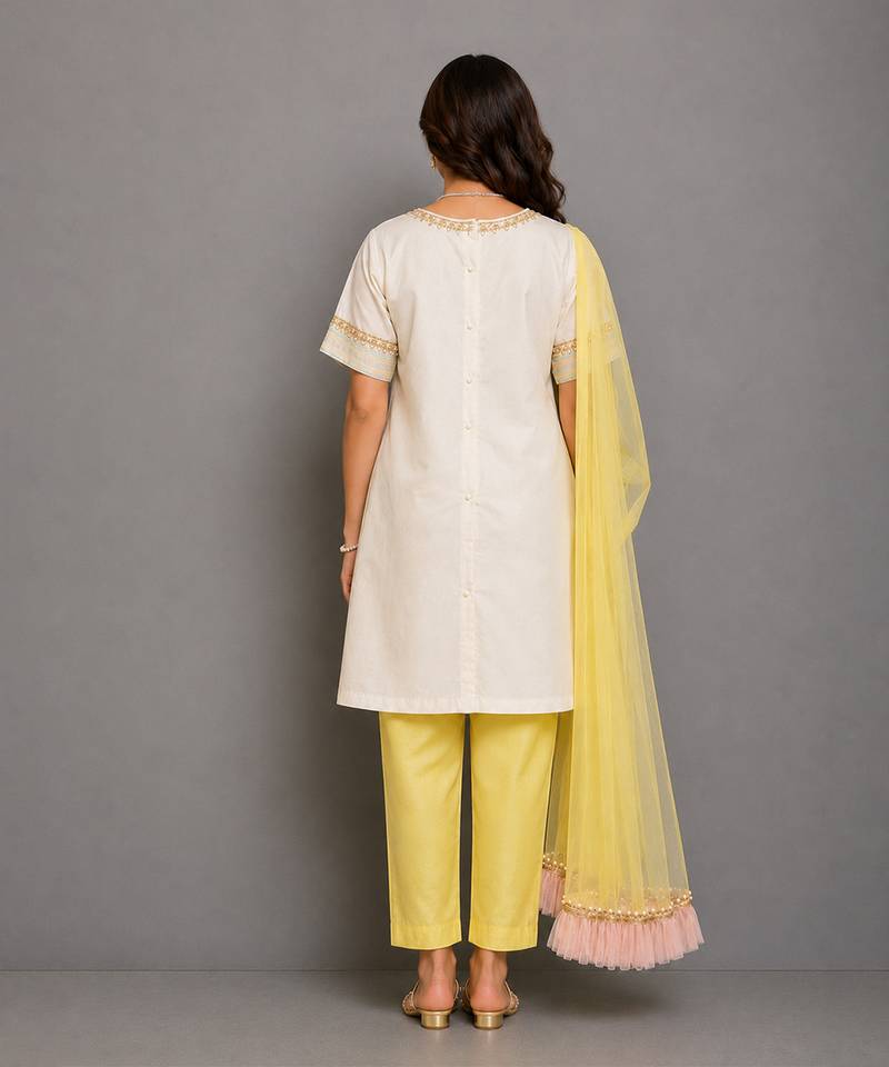 Off white yellow embroidered cotton silk organza kurti set