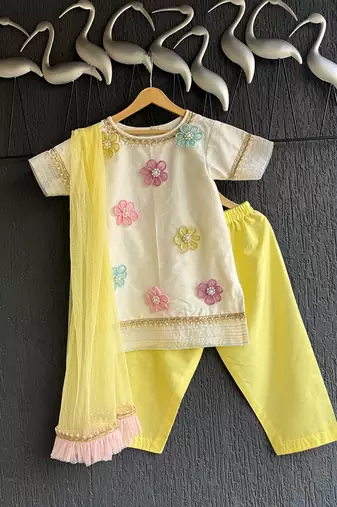 Off white yellow embroidered cotton silk organza kurti set