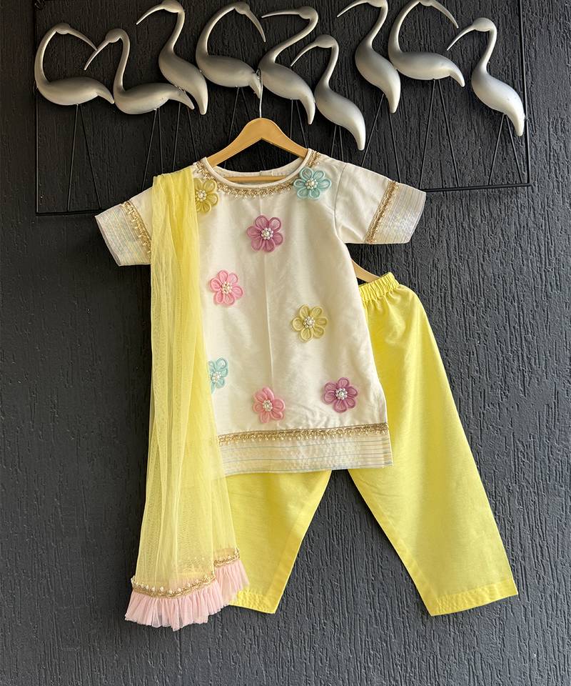 Off white yellow embroidered cotton silk organza kurti set
