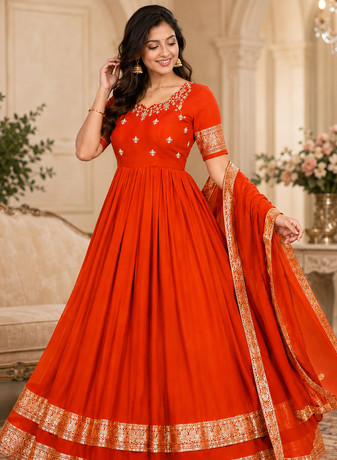 orange color elegant floral embroidery with rich zari weaving border silk blend anarkali gown set