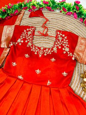 orange color elegant floral embroidery with rich zari weaving border silk blend anarkali gown set 2