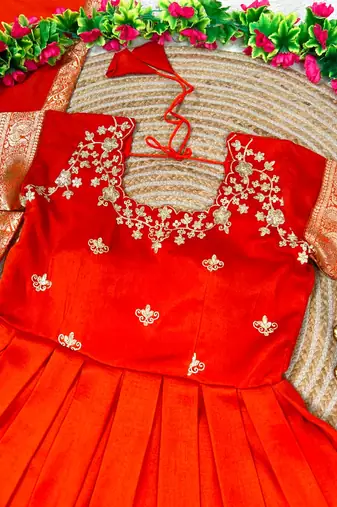 orange color elegant floral embroidery with rich zari weaving border silk blend anarkali gown set