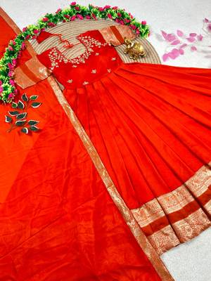 orange color elegant floral embroidery with rich zari weaving border silk blend anarkali gown set 3