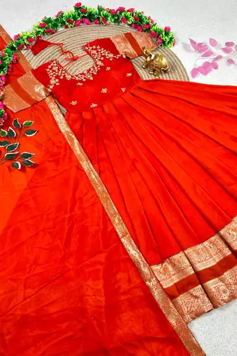 orange color elegant floral embroidery with rich zari weaving border silk blend anarkali gown set