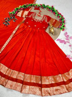 orange color elegant floral embroidery with rich zari weaving border silk blend anarkali gown set 4