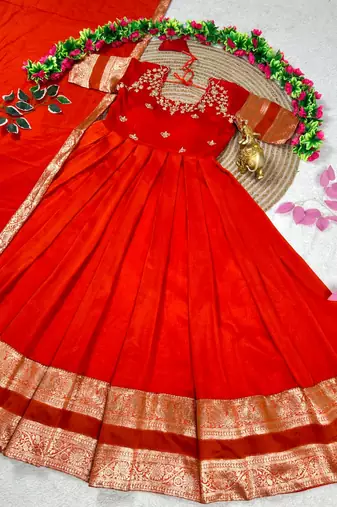 orange color elegant floral embroidery with rich zari weaving border silk blend anarkali gown set