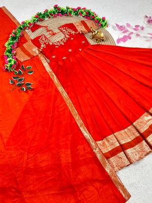 orange color elegant floral embroidery with rich zari weaving border silk blend anarkali gown set 5
