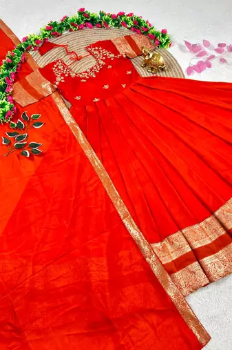 orange color elegant floral embroidery with rich zari weaving border silk blend anarkali gown set