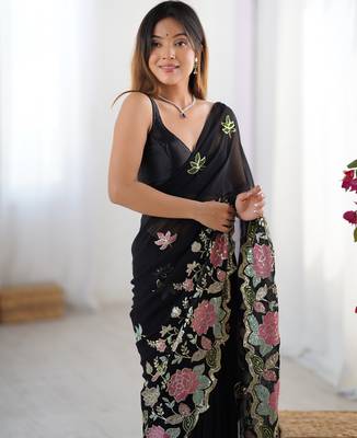 Black georgette sequins saree with unstitched blouse piece. 1