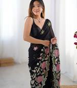 Black georgette sequins saree with unstitched blouse piece.