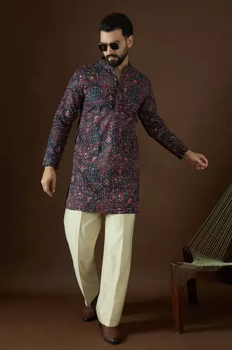 blue georgette solid embroidered kurta 