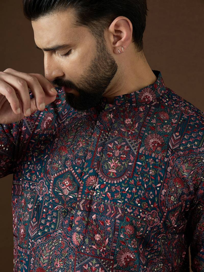 blue georgette solid embroidered kurta 