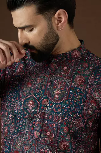 blue georgette solid embroidered kurta 
