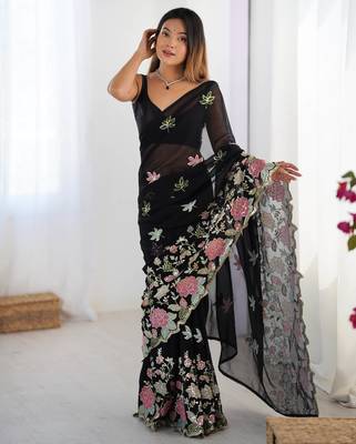Black georgette sequins saree with unstitched blouse piece. 2