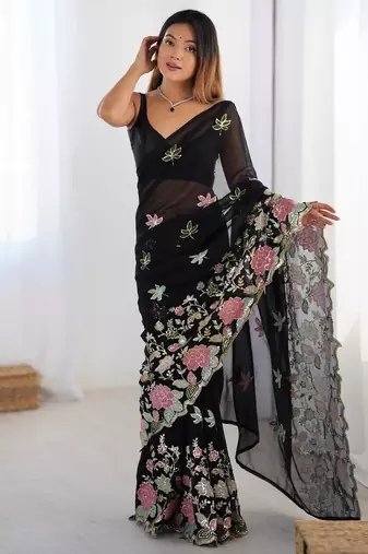 Black georgette sequins saree with unstitched blouse piece.