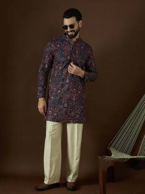 blue georgette solid embroidered kurta  3
