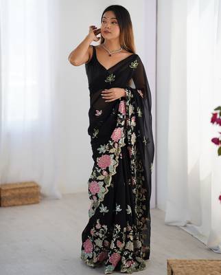 Black georgette sequins saree with unstitched blouse piece. 3