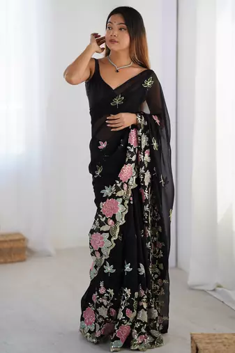 Black georgette sequins saree with unstitched blouse piece.