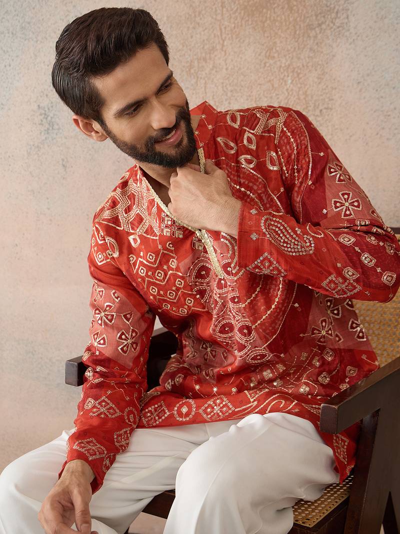 orange modal motifs embroidered silk blend kurta for men