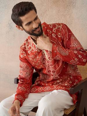 orange modal motifs embroidered silk blend kurta for men 1