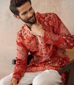 orange modal motifs embroidered silk blend kurta for men
