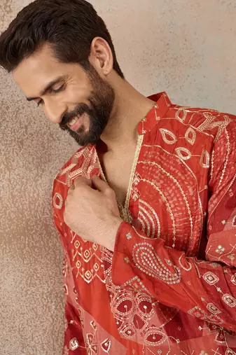 orange modal ethnic motifs embroidered kurta 