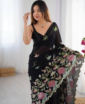 Black georgette sequins saree with unstitched blouse piece. 4