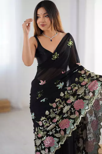 Black georgette sequins saree with unstitched blouse piece.