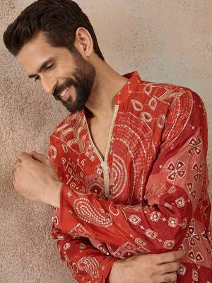orange modal motifs embroidered silk blend kurta for men 3