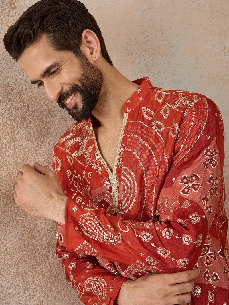 orange modal motifs embroidered silk blend kurta for men