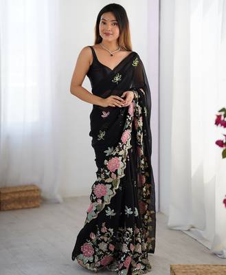 Black georgette sequins saree with unstitched blouse piece. 5