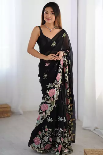 Black georgette sequins saree with unstitched blouse piece.