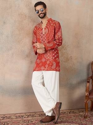 orange modal motifs embroidered silk blend kurta for men 5