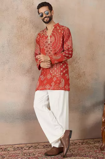 orange modal ethnic motifs embroidered kurta 