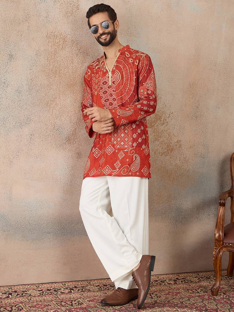 orange modal motifs embroidered silk blend kurta for men