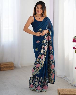 Teal georgette sequins saree with unstitched blouse piece. 2