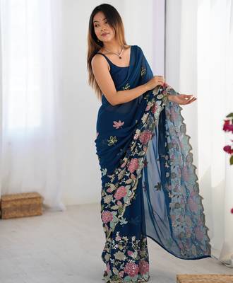 Teal georgette sequins saree with unstitched blouse piece. 3