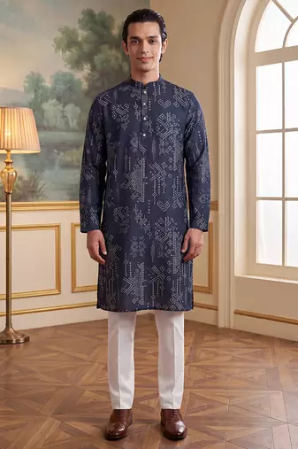 blue linen blend ethnic motifs printed kurta 