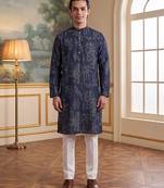 blue linen blend ethnic motifs printed kurta 