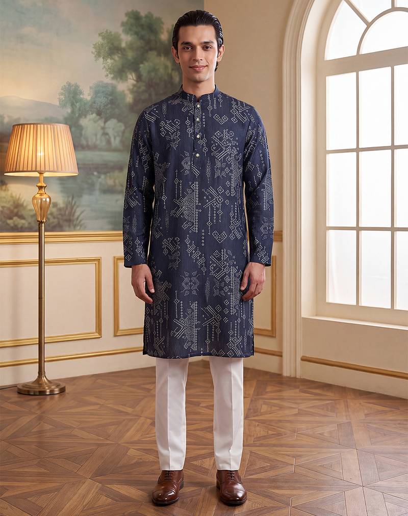 blue linen blend ethnic motifs printed kurta 