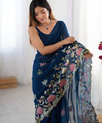 Teal georgette sequins saree with unstitched blouse piece. 4