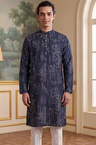 blue linen blend ethnic motifs printed kurta 