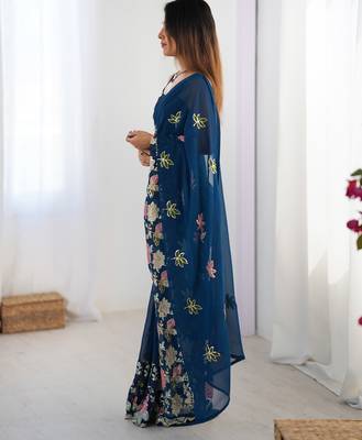 Teal georgette sequins saree with unstitched blouse piece. 5