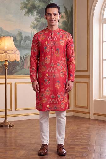 pink linen blend floral printed straight kurta with trouser set 